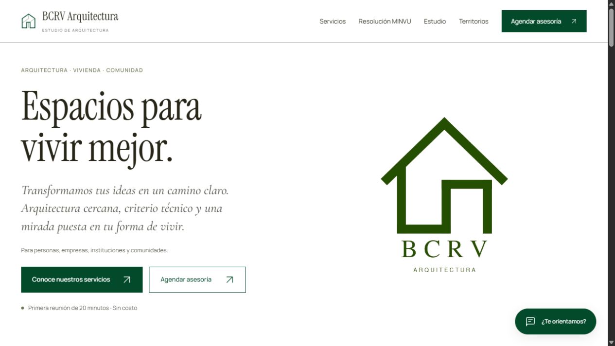 Captura real de la página de inicio de BCRV ARQUITECTURA