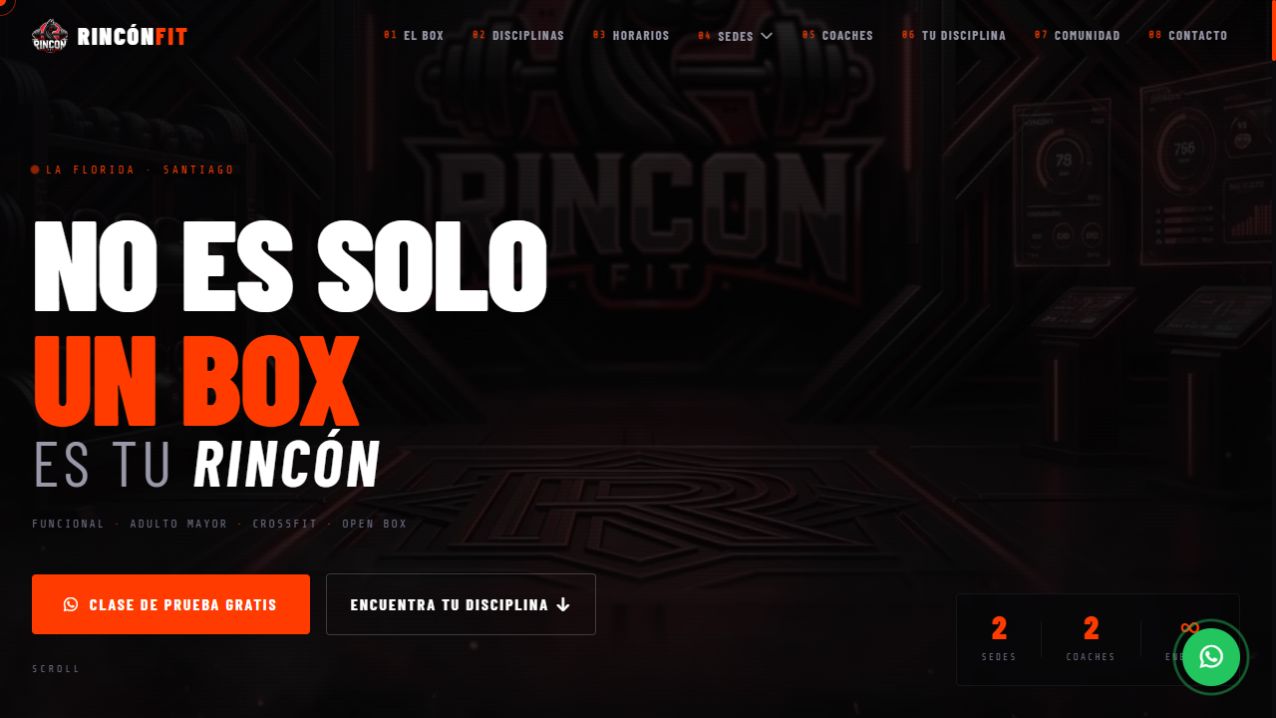 Captura real de la página de inicio de RINCÓN FIT